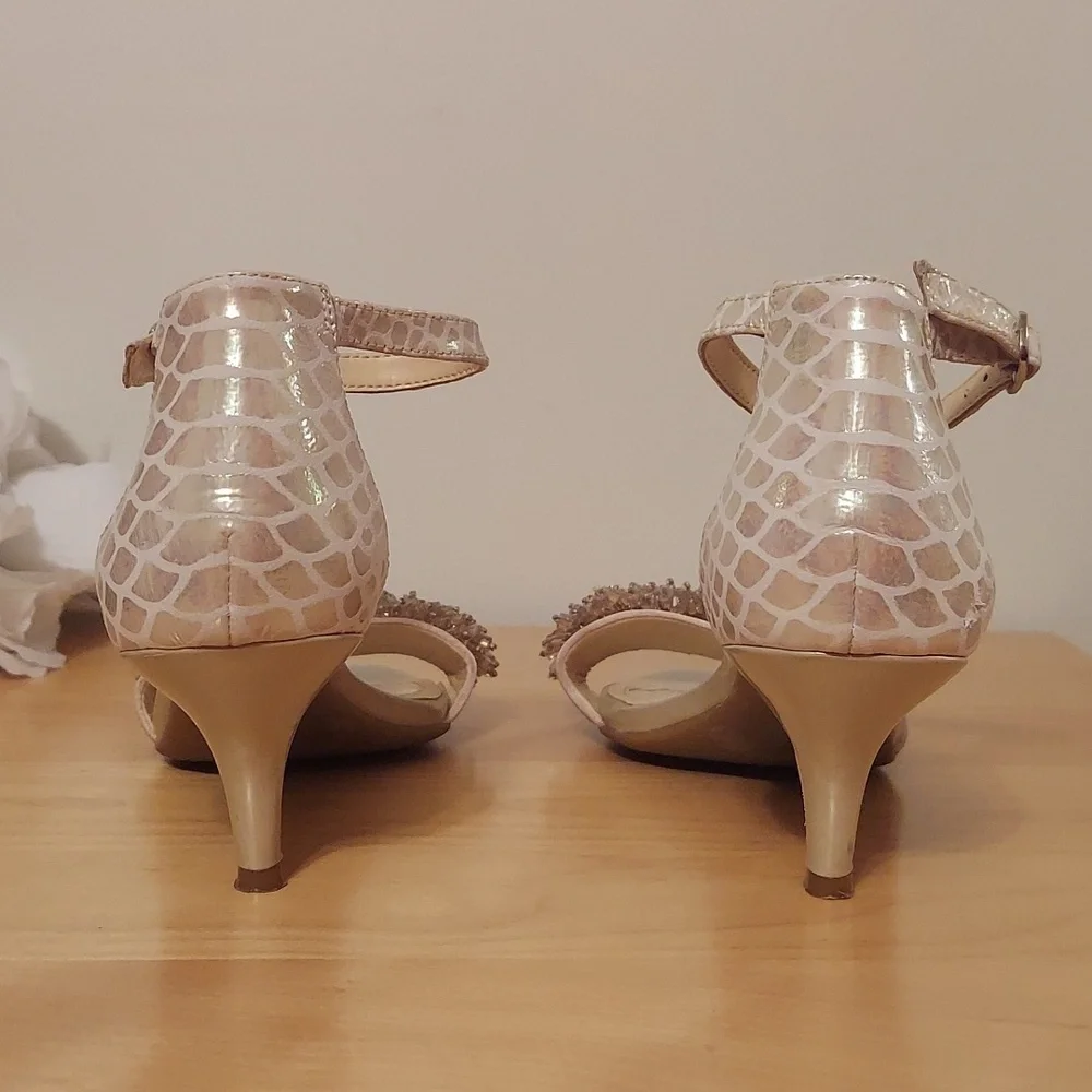 Alex Marie Champagne Beaded Animal Print Leather Ankle Strap Heels Size 6.5 - Picture 5 of 16